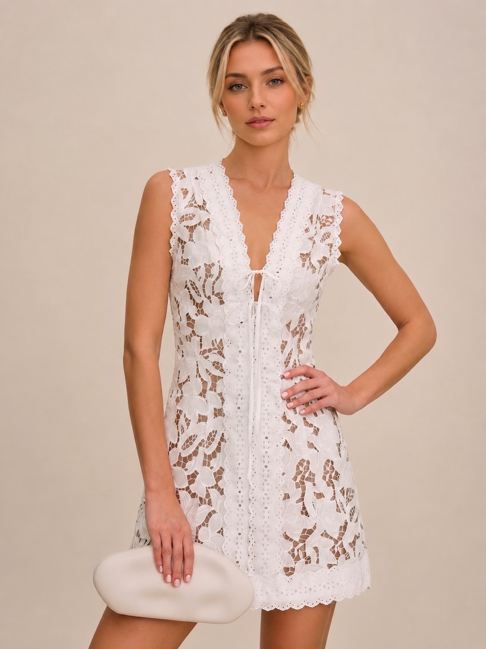 Commense White Lace V-Neck Swim Coverup
